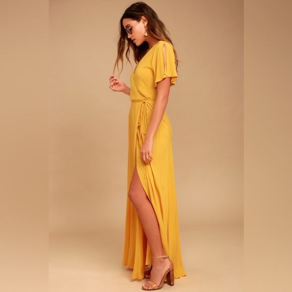 ♥️ Lulus Much Obliged Golden Yellow Wrap Maxi Dress - Picture 4 of 6